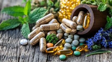 A close-up of herbal remedies and natural supplements arranged artistically on a wooden table, emphasizing the essence of naturopathy