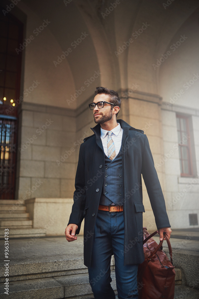 Canvas Prints Stairs, walking and business man with bag in city for morning commute, travelling and journey in urban town. Professional, building and person on steps for work trip, journey and career outdoors