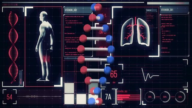 Medical data analysis animation over human body, DNA strand, and lungs diagram