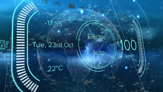 Digital dashboard animation over world map with electric auto and speed indicators