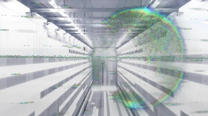 Glitch effect animation over futuristic data center with server racks - Powered by Adobe
