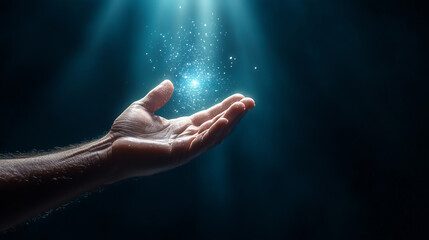 Hand Reaching for Light in Darkness