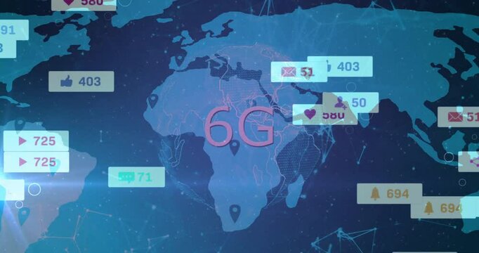 6G text animation over social media notifications on world map - Powered by Adobe