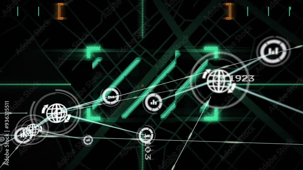 Poster network connections and data processing animation over digital grid background