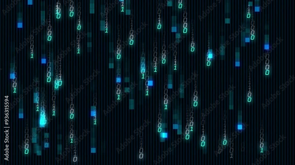 Aufkleber binary code and data stream animation over dark background with vertical lines