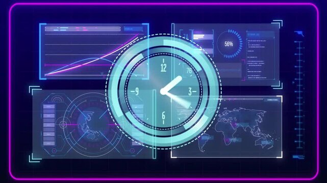 Animating clock and data charts over digital dashboard interface in school setting - Powered by Adobe