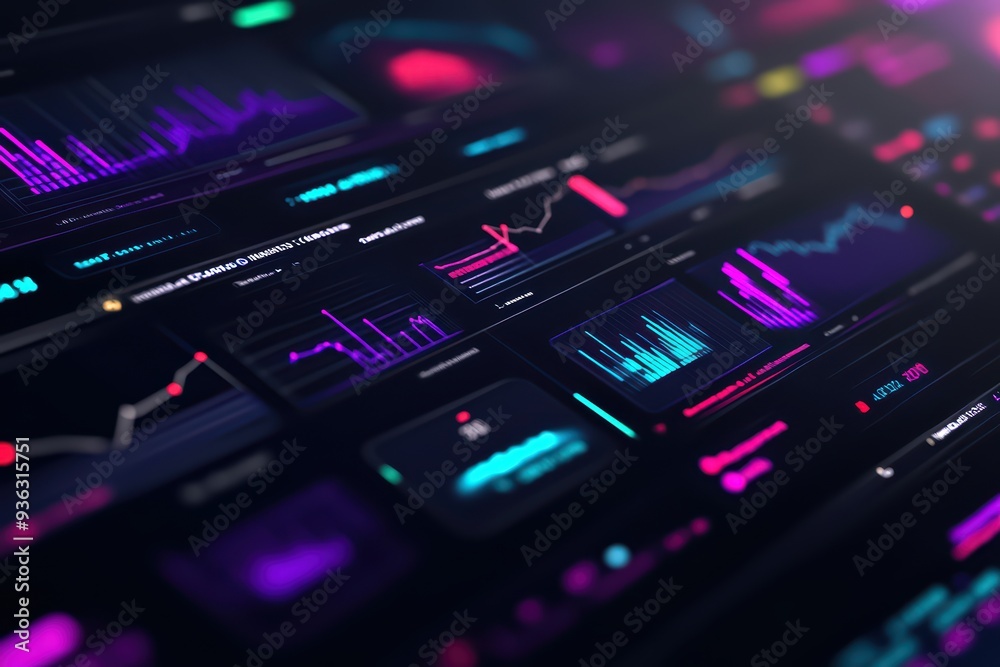 Poster vibrant data visualization with colorful graphs and charts on a dark background, ideal for tech and 