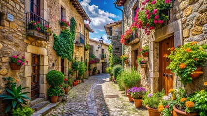 Fototapeta premium Ancient cobblestone roads winding through picturesque Spanish villages, lined with historic stone buildings and adorned with vibrant flowers, evoke a sense of nostalgic charm.