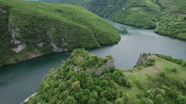 Aerial view of fortress Bocac from the 15th century near the beautiful river Vrbas