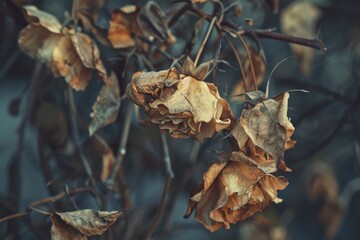 Fototapeta premium photo depicting a dried-up plant with wilted leaves and faded petals, symbolizing resilience