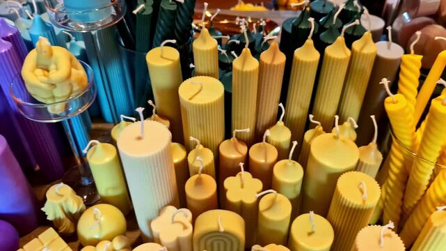 Purple and yellow candles on shelve for showcase, close up