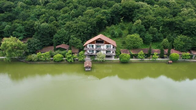 Aerial view of the Lopota Pier at Lopota Lake, Napareuli, Georgia, captured by a drone
