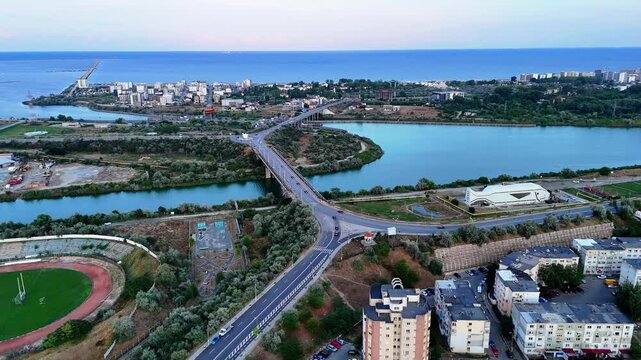 Aerial view of Midia Navodari bridge at sunset