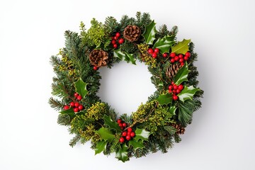 Festive Christmas Wreath with Holly, Ivy, Mistletoe, Cedar Sprigs, and Red Berries on White Background