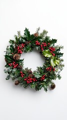 Festive Holiday Wreath with Holly, Ivy, Mistletoe and Cedar on White Background
