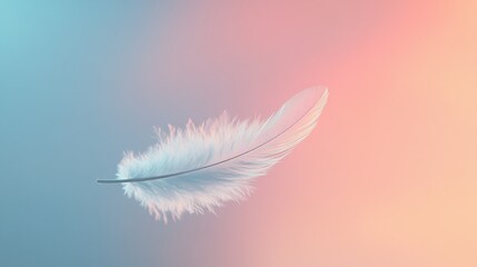 Naklejka premium A single, delicate feather floating in mid-air against a soft pastel background, the simplicity of nature captured in a surreal, dreamlike setting.