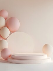 Fototapeta premium Stunning and minimalist product display featuring a podium with pastel balloons on the side, adding a touch of whimsy and fun.
