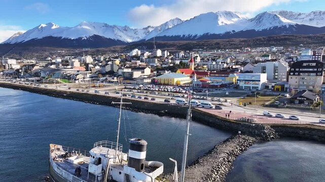 Saint Christopher Boat At Ushuaia In Tierra Del Fuego Argentina. Saint Christopher Boat. Ship Sculpture. Downtown Cityscape. Saint Christopher Boat At Ushuaia In Tierra Del Fuego Argentina.