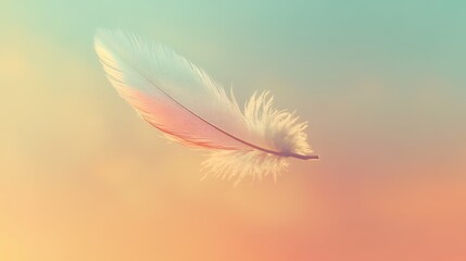 Naklejka premium A single, delicate feather floating in mid-air against a soft pastel background, the simplicity of nature captured in a surreal, dreamlike setting.