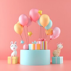 Stunning and minimalist product display featuring a podium adorned with vibrant multicolored gift boxes and balloons.