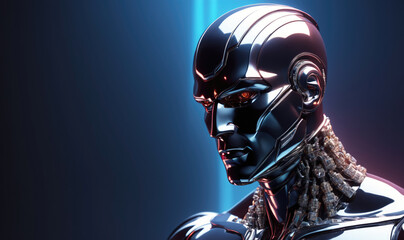 A silver robot with red eyes stares intensely towards the right, with its metallic body gleaming in the blue light