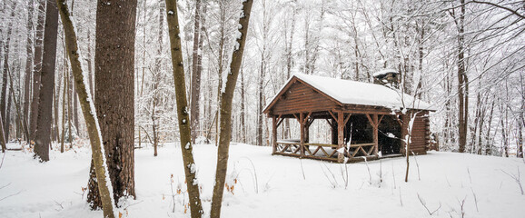 Picnic cabin in winter snowstorm at Dutton Pines State Park Verm