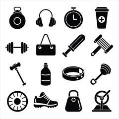 Comprehensive Workout and Gym Icons Set Dumbbell, Kettlebell, Water Bottle, Stopwatch, Yoga Mat, Running Shoes, Weights, and Fitness Tracker Icons for Exercise, Fitness, and Training