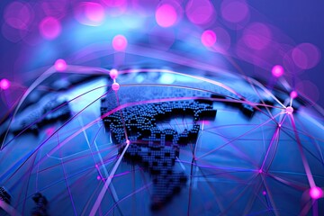 A Digital Representation of Global Connectivity with Pink Nodes and Lines on a Blue Background