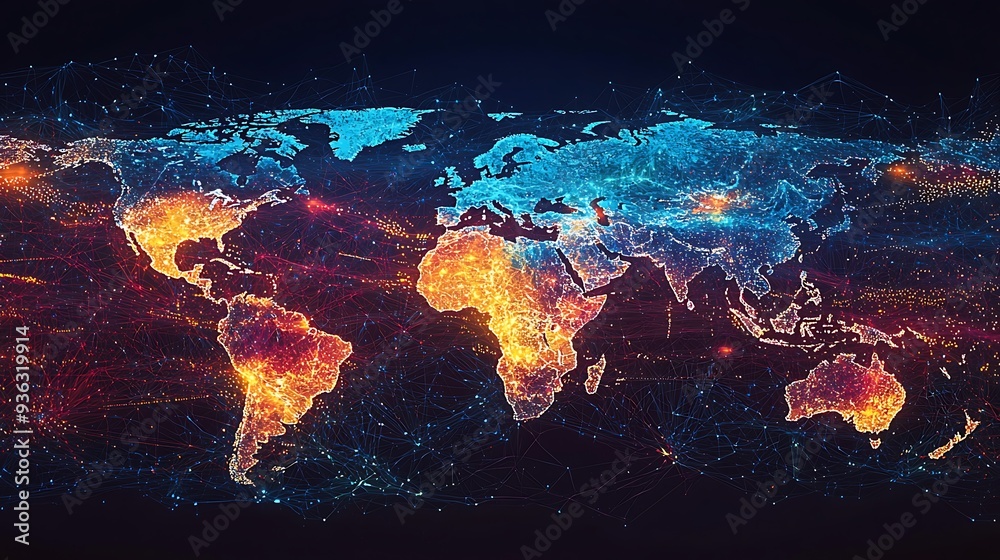 Wall mural global network connection with world map, digital technology, and data visualization, highlighting t