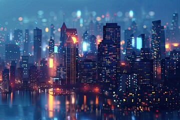 Fototapeta premium Nighttime Cityscape with Illuminated Buildings and Reflections in Water