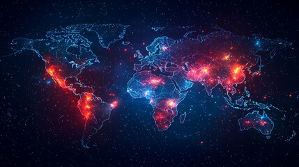 Fototapeta premium Global network connection with red and blue lights on a dark background, illustrating the flow of information across the world in a visually dynamic way.