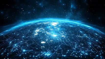 Obraz premium Global network connections with a digital technology abstract background, illustrating the flow of information and the interconnected nature of the digital world.