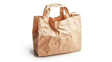 Crinkled paper bag with handle isolated on white