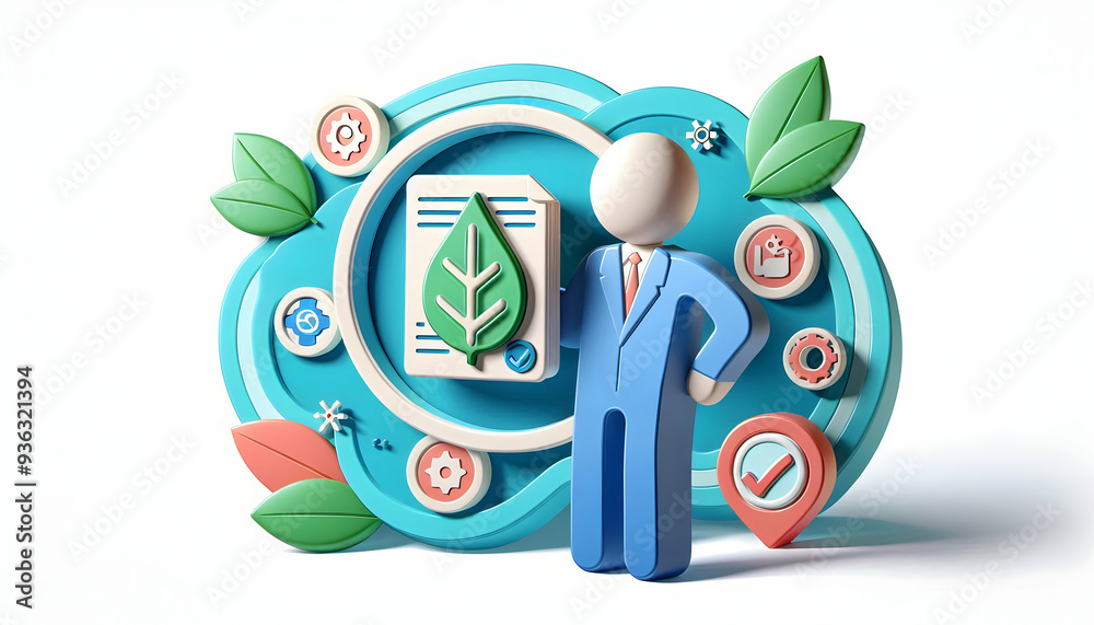 Wall mural 3d flat icon as sustainability manager with leaf and certification concept as an image of a sustaina