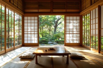 Obraz premium Tranquil Japanese Style Living Room with Minimalist Wooden Furniture, Shoji Screens, and Tatami Mat Bathed in Soft Natural Light