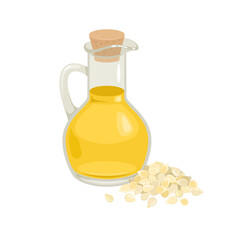 Sesame seed oil in glass bottle. Vector cartoon flat illustration. Healthy food.