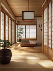 Obraz premium Serene Japanese Home Decor with Shoji Screens, Bamboo Plants, and Calligraphy Art
