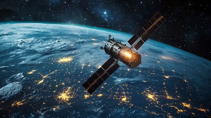 Fototapeta premium Satellite orbiting Earth with city lights at night, showcasing the power and reach of modern communication technology from a cosmic perspective.