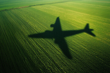 Shadow of flying passenger plane on green field