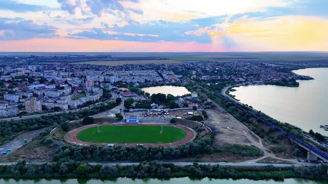 Aerial view of a pitch near Tasaul lake in Navodari at sunset
