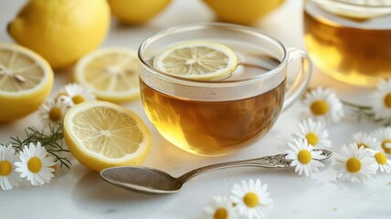 Chamomile tea with a vintage spoon and lemon slices, Chamomile tea, classic and refreshing