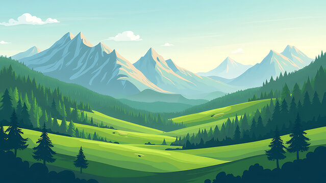 Lush green valley nestled amidst majestic mountains. Ideal for travel brochures, nature documentaries, or promoting outdoor adventure and tranquility.