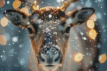 Christmas card with a snowy scene of a reindeer standing beside a decorated Christmas tree in a winter forest