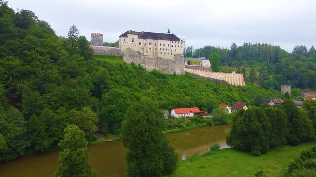 Approaching aerial movement towards the Cesky Sternberk Castle, Cesky Sternberk, Czech Republic.