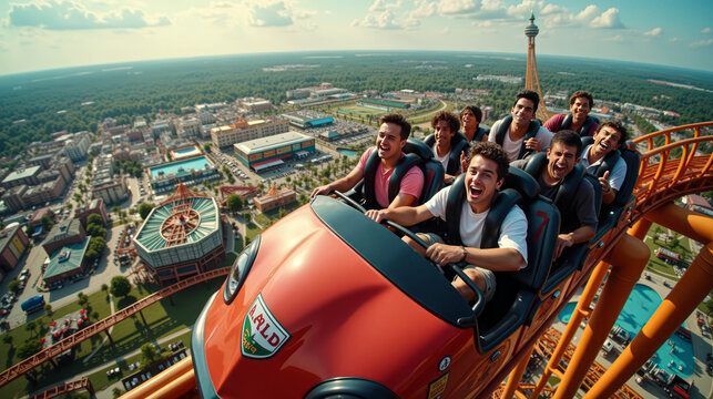 A group of friends experiences intense joy and thrill while riding a roller coaster at an amusement park, surrounded by colorful attractions under a clear blue sky