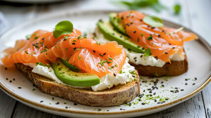 Avocado toast with smoked salmon for breakfast, homemade cuisine and traditional food, country life