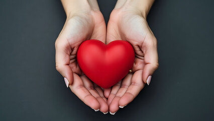 Fototapeta premium A pair of hands gently cradling a bright red heart, symbolizing love, care, and compassion. Perfect for health, charity, and Valentine's Day themes.