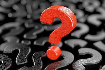Red question mark among many black ones. Solving questions or puzzlement