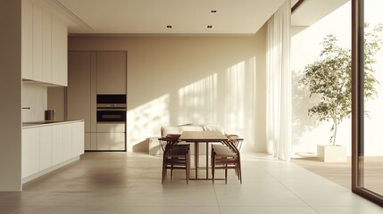 Fototapeta premium Contemporary apartment decor features a spacious kitchen and dining area with an elegant table and chairs. The minimalist living room boasts neutral beige walls, creating a sense of tranquility 