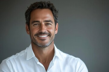 Obraz premium Smiling businessman in a crisp white shirt, looking directly at the camera, against a neutral background with generous copy space